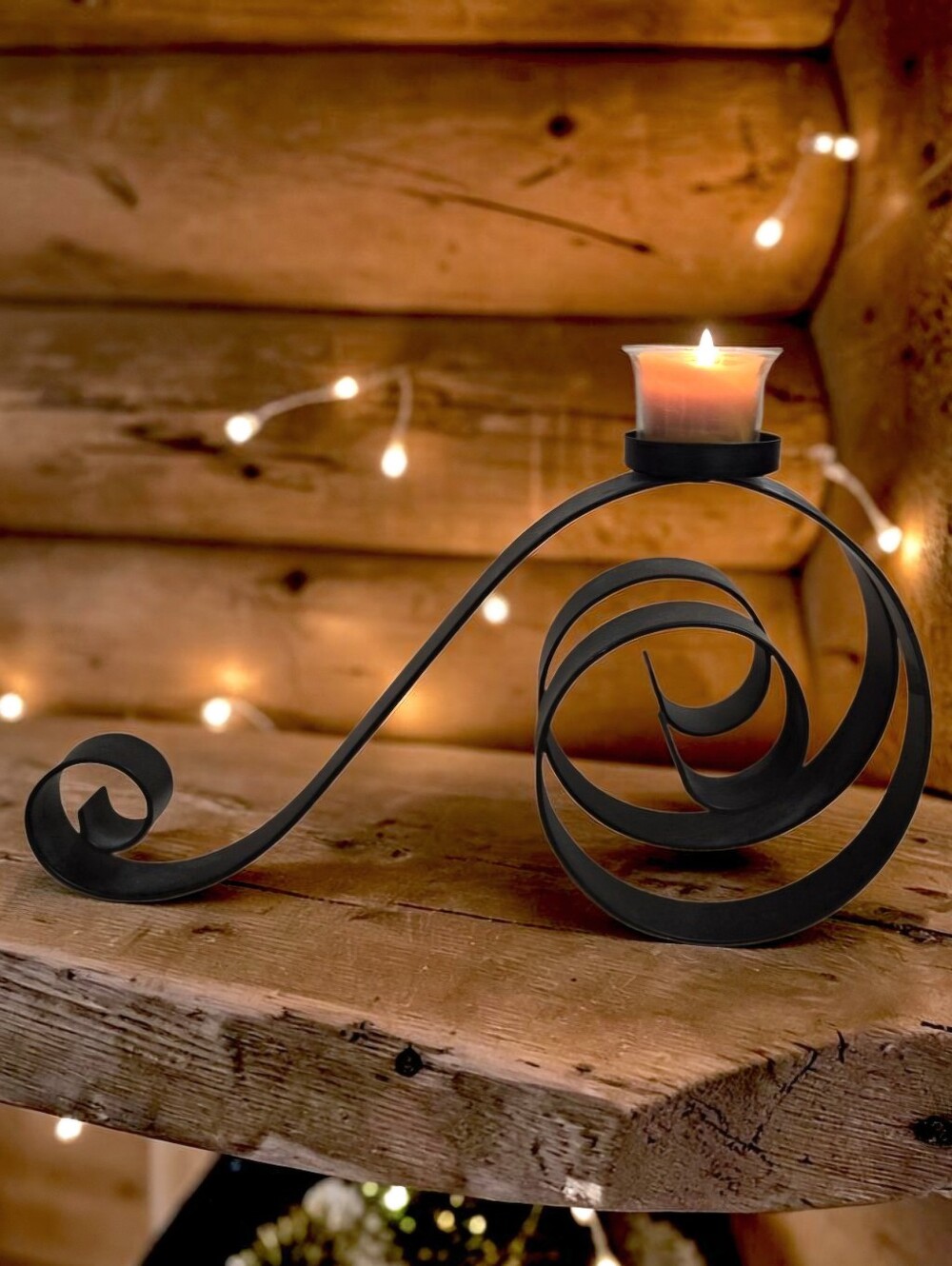 Vintage Postmodern Black Wrought Iron Scroll Candle Holder Pillar Votive 13.5"